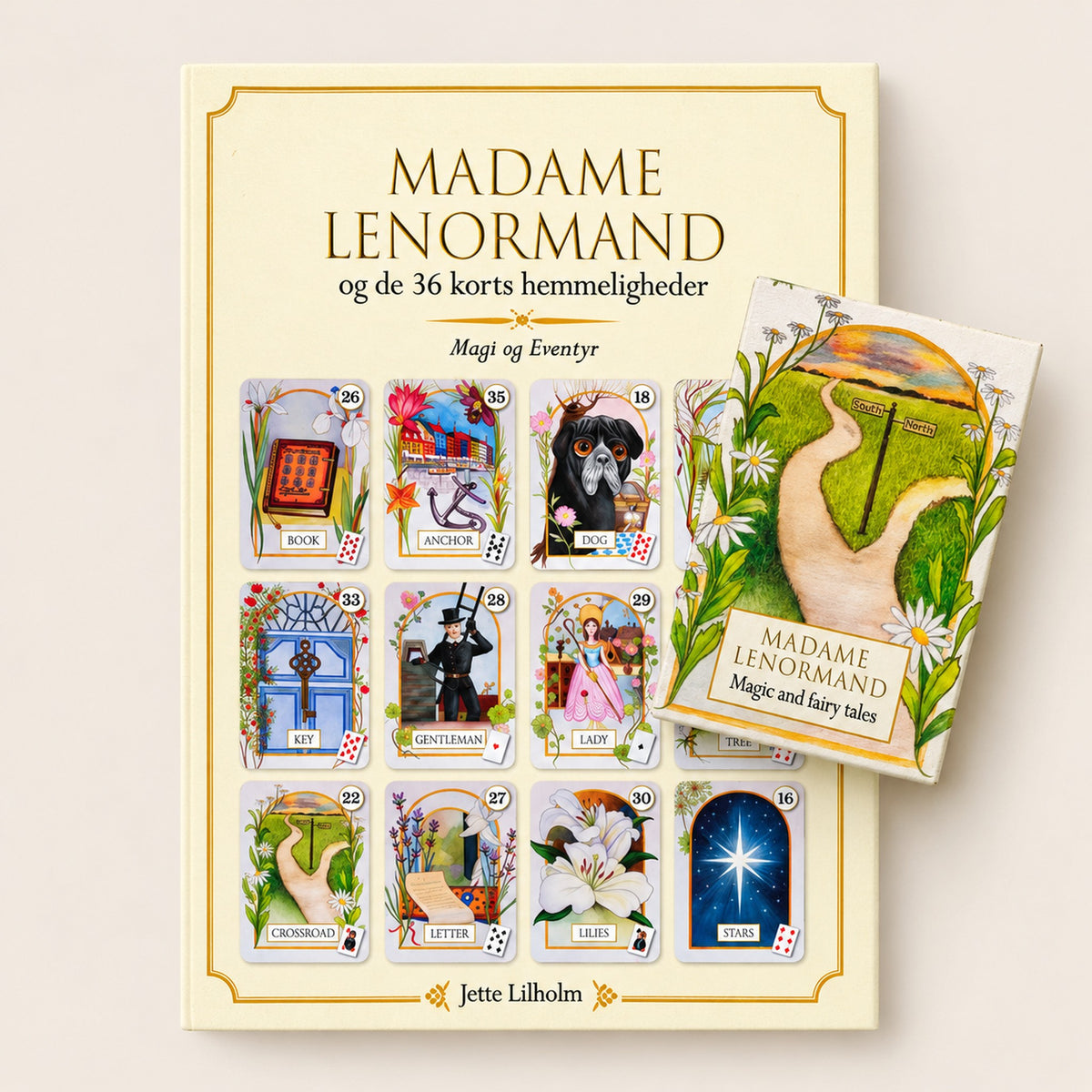 Jette Lilholm Lenormand sæt med bogen Madame Lenormand og de 36 korts hemmeligheder og Magic and Fairy Tales kortsæt