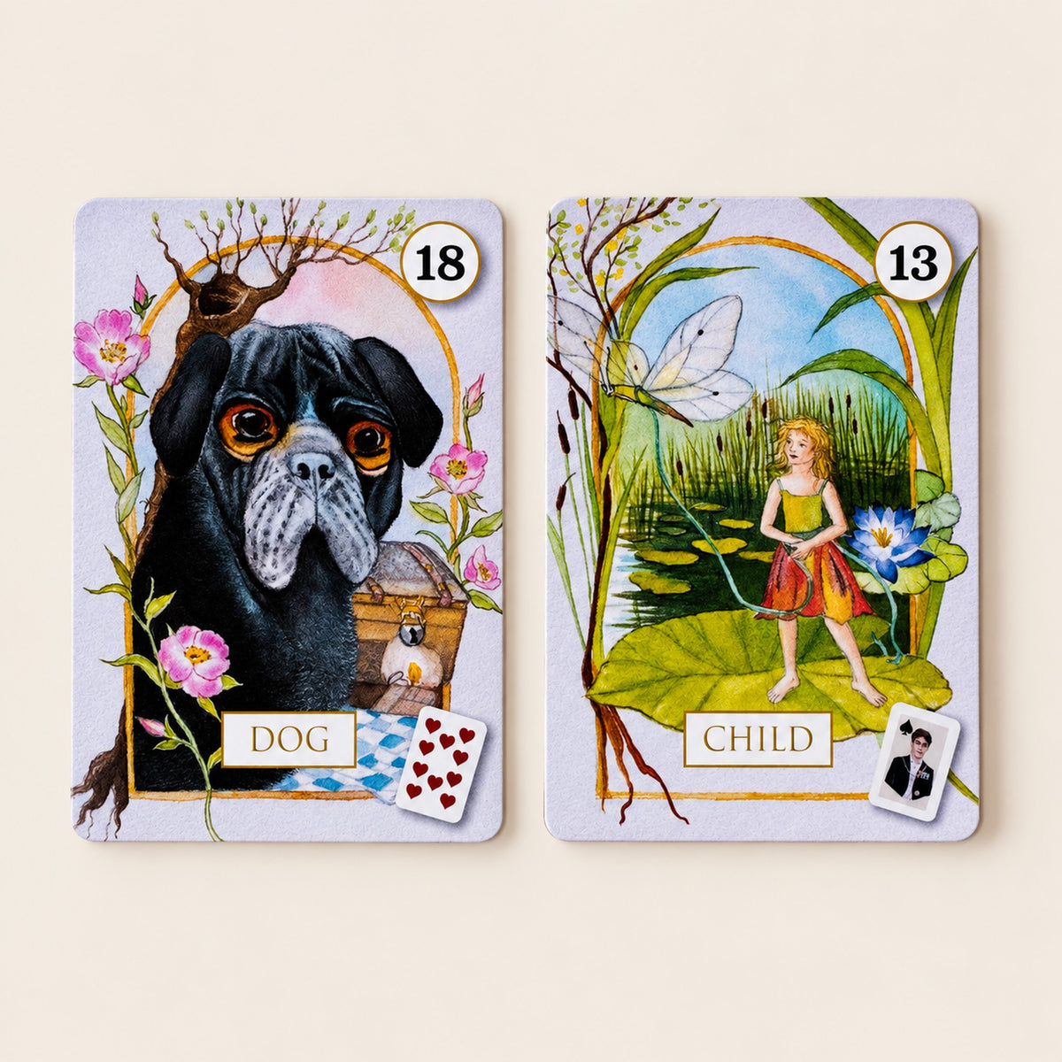 Dog og Child, kort 18 og 13 fra Madame Lenormand Magic and Fairy Tales