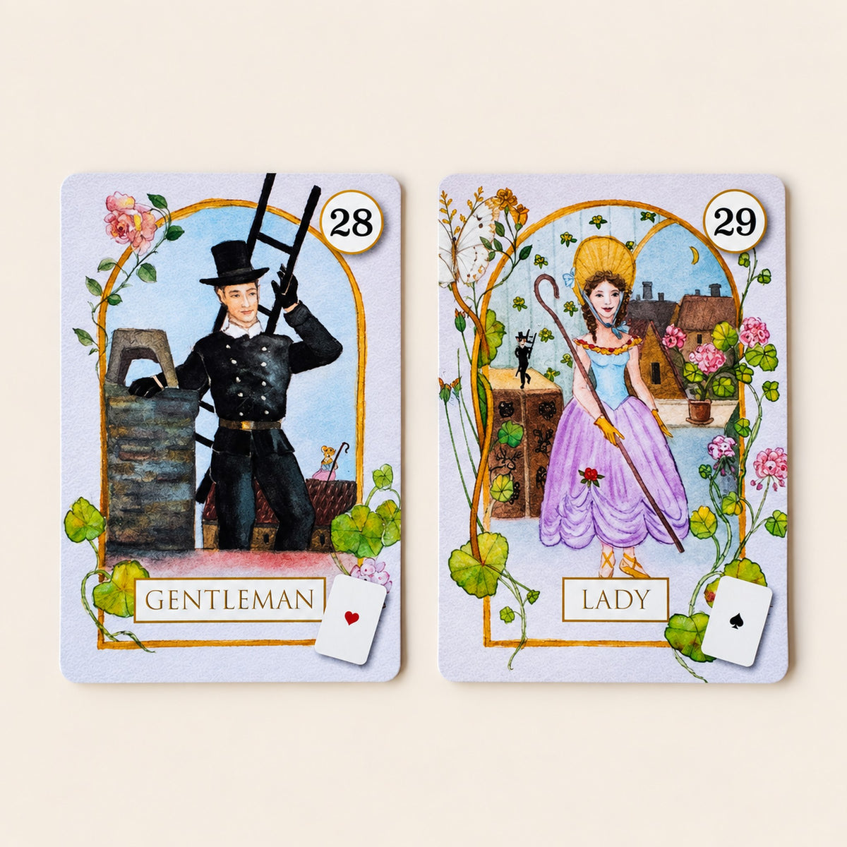 Gentleman og Lady, kort 28 og 29 fra Madame Lenormand Magic and Fairy Tales