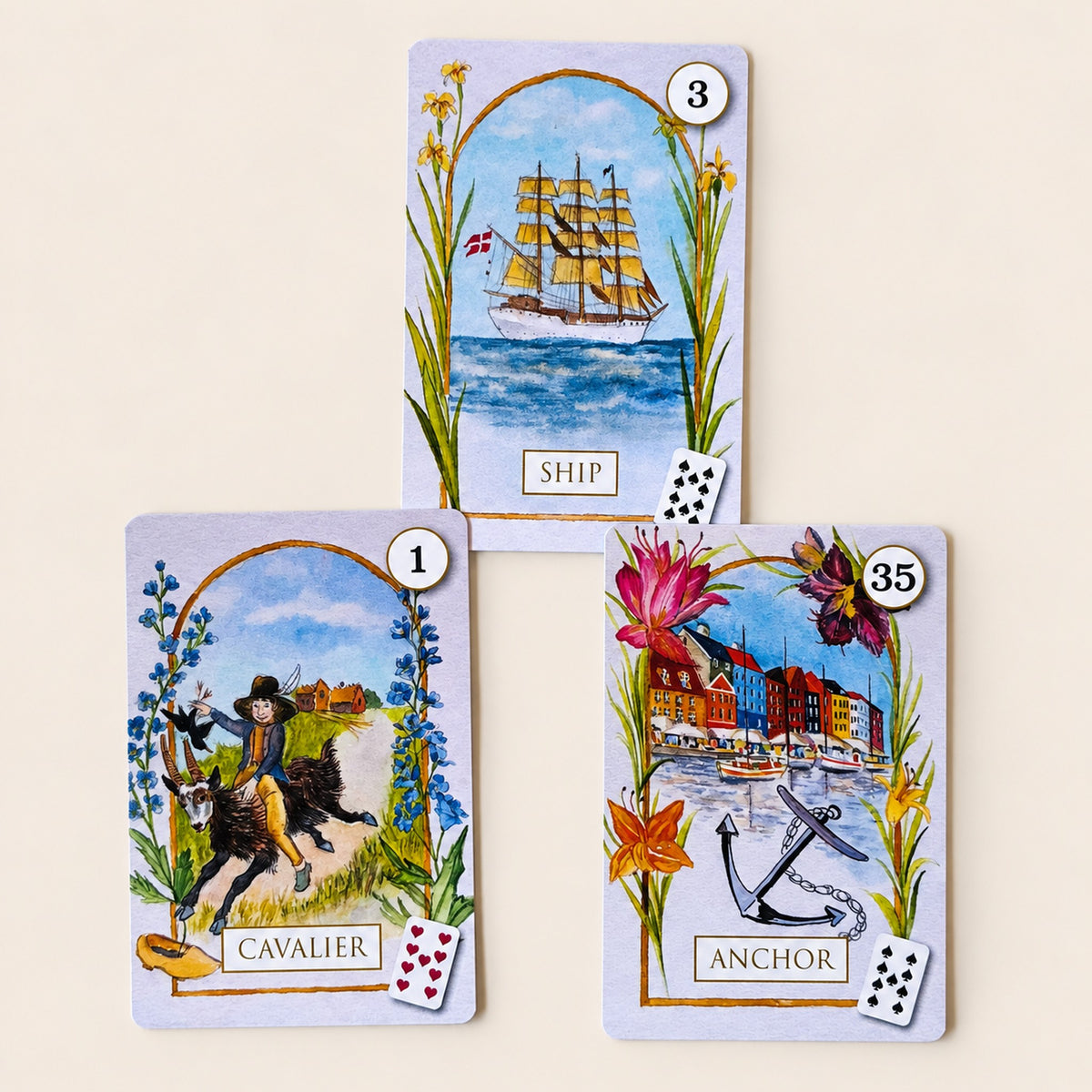 Danmark og H.C. Andersen – Cavalier, Ship og Anchor, kort 1, 3 og 35 fra Madame Lenormand Magic and Fairy Tales